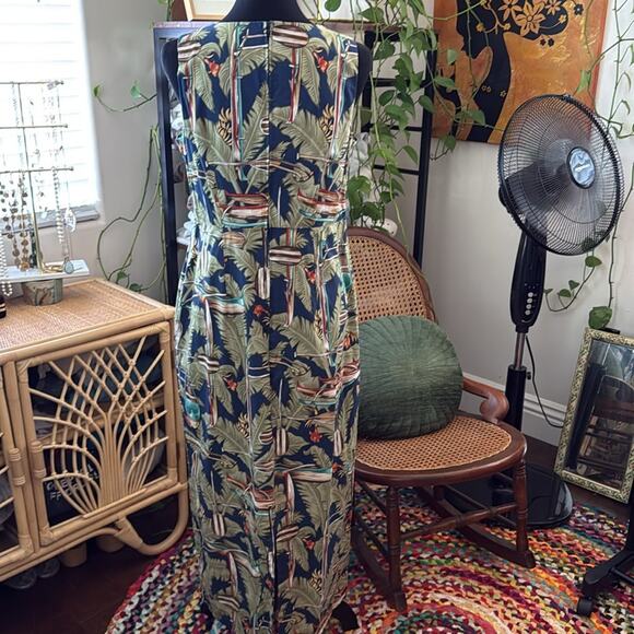 Hilo Hattie Mid-2000s Navy & Green Hawaiian Canoe Print Cotton Maxi Dress - Picture 2 of 5